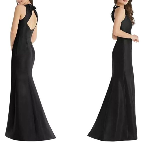 NEW Alfred Sung Jewel Neck Bowed Open-Back Trumpet Dress w/ Front Slit, Black, 0 - Picture 2 of 15